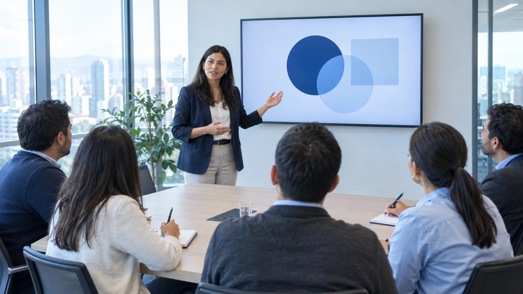 Facilitadora dictando una capacitación corporativa a un equipo en sala de reuniones