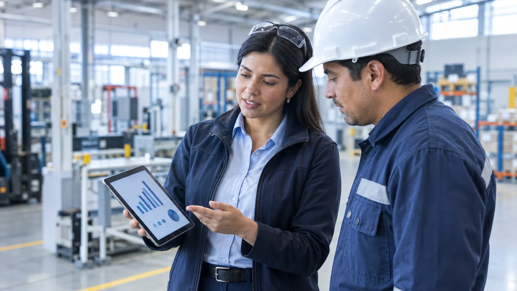 Ingeniero con casco y ejecutiva revisando datos técnicos en una planta industrial