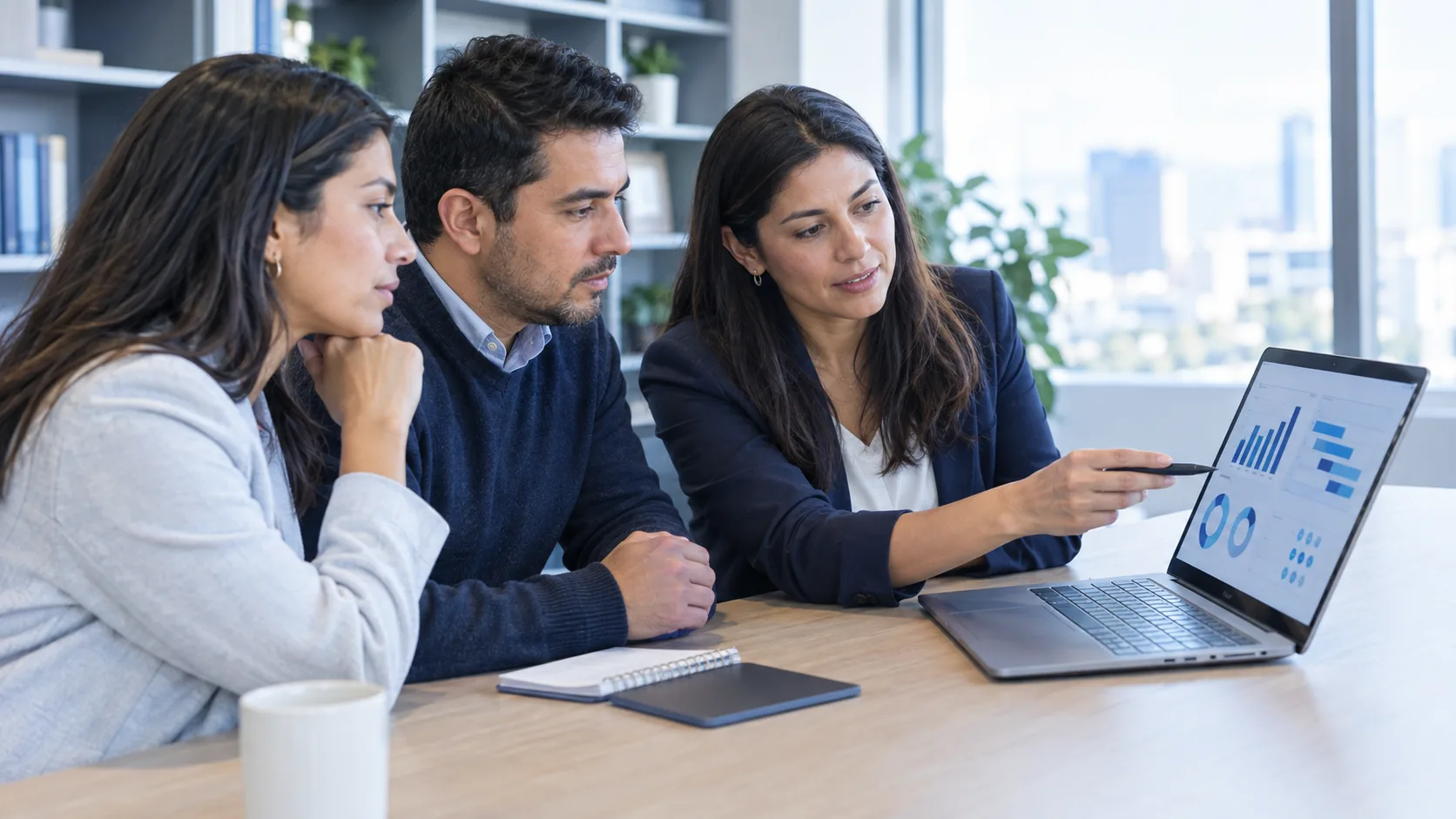 Equipo directivo revisando datos y resultados en un computador